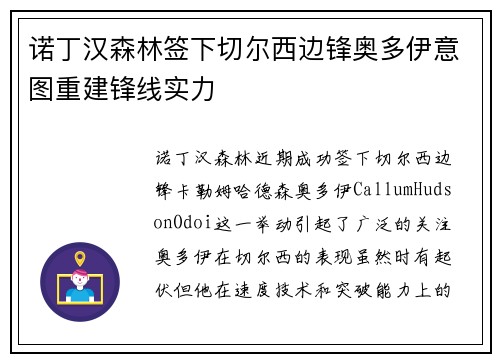 诺丁汉森林签下切尔西边锋奥多伊意图重建锋线实力 诺丁汉森林签下切尔西边锋奥多伊意图重建锋线实力