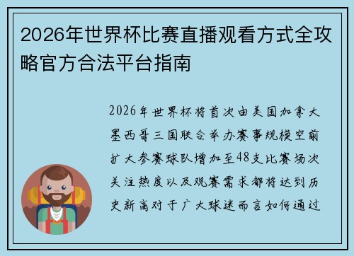 2026年世界杯比赛直播观看方式全攻略官方合法平台指南